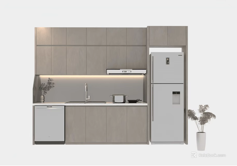 Modern Gray Kitchen Cabinets With Sink Range Hood Refrigerator And Dishwasher 3d model 