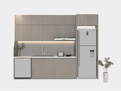 Modern Gray Kitchen Cabinets With Sink Range Hood Refrigerator And Dishwasher 3d model