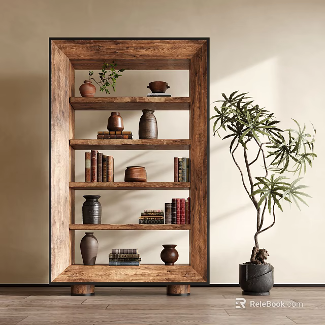 Wooden Shelving Unit with Clay Pots Books and Small Potted Plant Nearby 3d model 