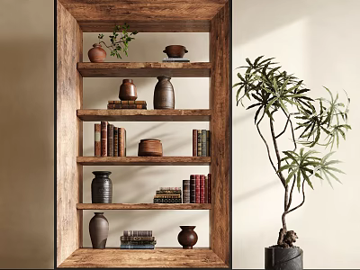 Wooden Shelving Unit with Clay Pots Books and Small Potted Plant Nearby 3d model