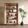 Wooden Shelving Unit with Clay Pots Books and Small Potted Plant Nearby
