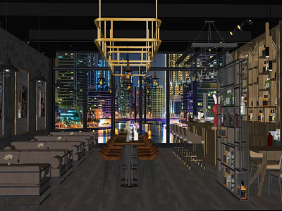 Modern Bar Interior With City Night View Bar Counter Stools And Wine Racks 3d model