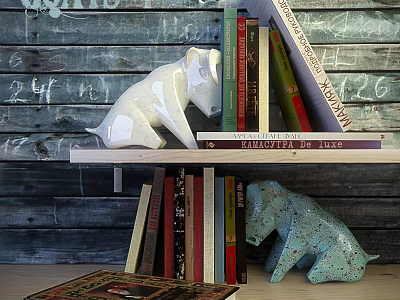 Decorative Ornament Set with White and Turquoise Dog Figurines on Wooden Shelf with Books 3d model