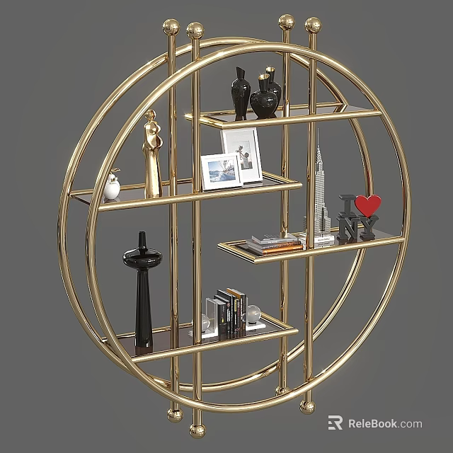 Golden Round Multi Tier Decorative Shelf Displaying Ornaments Books Photo Frame Heart Decor And Sculptures 3d model 