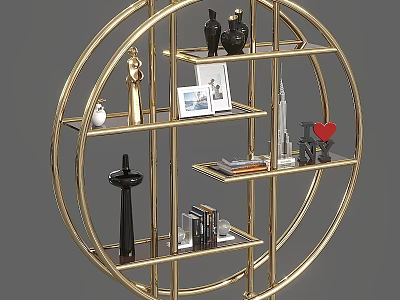Golden Round Multi Tier Decorative Shelf Displaying Ornaments Books Photo Frame Heart Decor And Sculptures 3d model