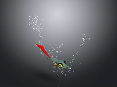 Green Aquatic Creature With Red Tail And Yellow Eyes Swimming In Dark Underwater With Bubbles 3d model