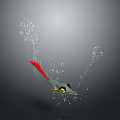 Green Aquatic Creature With Red Tail And Yellow Eyes Swimming In Dark Underwater With Bubbles
