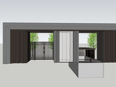 Modern Entrance Gate Design With Gray Structure Dark Brown Doors And Green Trees 3d model