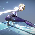 Blonde Female Character Crouching On Transparent Platform With Blue Fragments And Ice Crystals