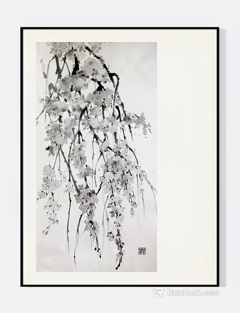 Botanical Painting In Ink Wash Style Featuring Hanging Cherry Blossom Branches On White Background 3d model 