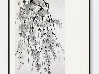 Botanical Painting In Ink Wash Style Featuring Hanging Cherry Blossom Branches On White Background 3d model