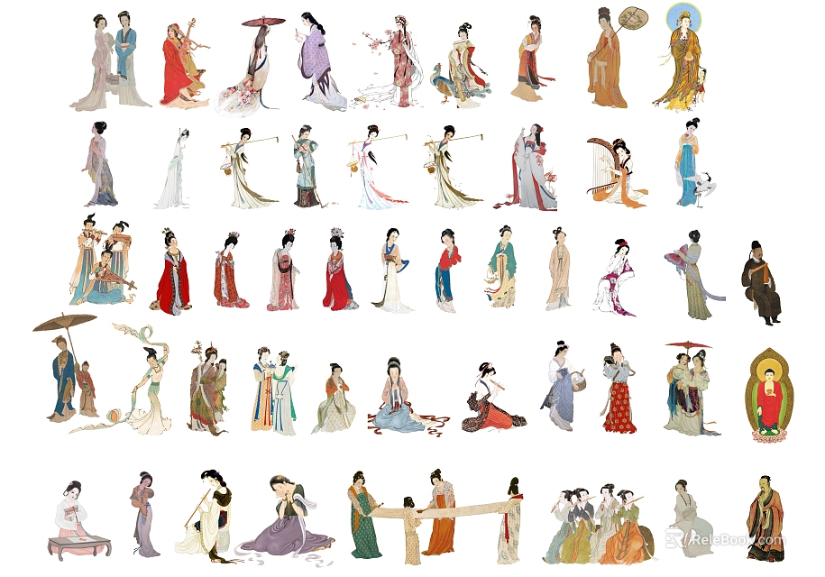Classical Chinese Women In Traditional Costumes With Various Elegant Poses And Attire 3d model 