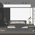 Modern Bedroom Interior With Large Bed Black White Wardrobes Ceiling Spotlights And Woven Rug