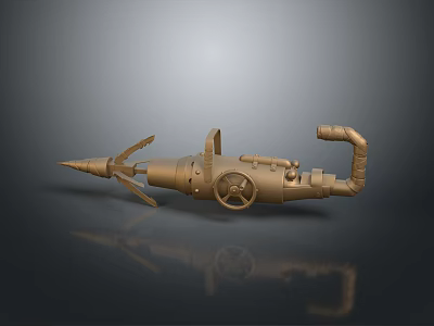 Steampunk Inspired Golden Weapon With Spiked Tip Wheel And Pipe Details 3d model