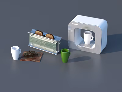 Stylish Kitchen Tools Including White Toaster Cup Holder Mugs Toast Slices on Wooden Board 3d model