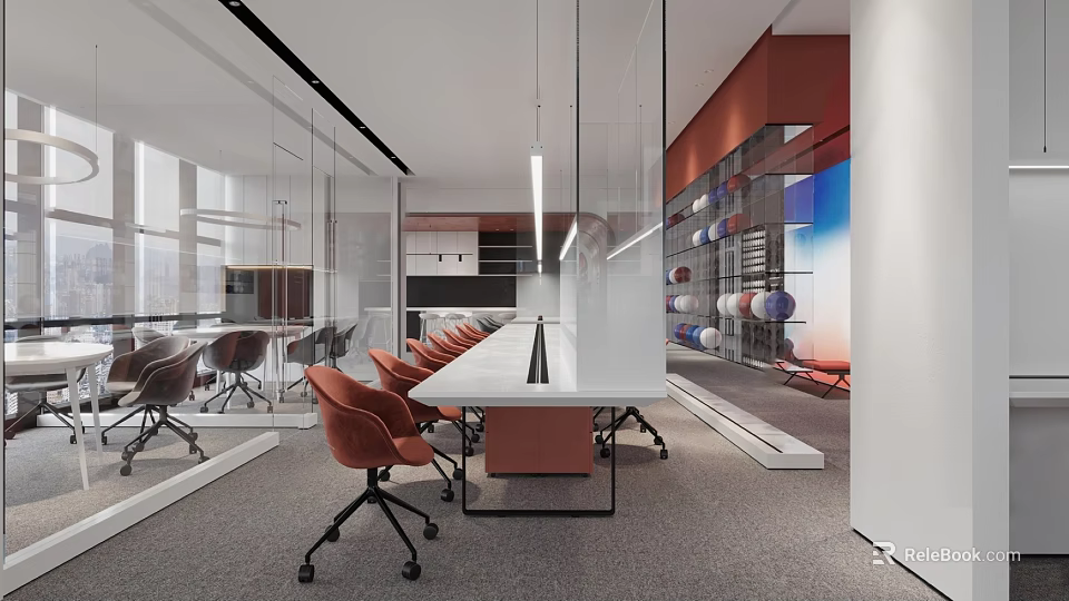 Modern Office Lounge Area With White Long Table Orange Chairs Glass Partitions And Colorful Balls 3d model 