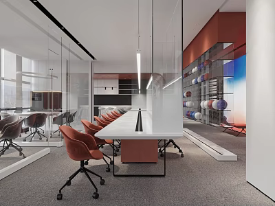 Modern Office Lounge Area With White Long Table Orange Chairs Glass Partitions And Colorful Balls 3d model