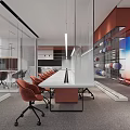 Modern Office Lounge Area With White Long Table Orange Chairs Glass Partitions And Colorful Balls