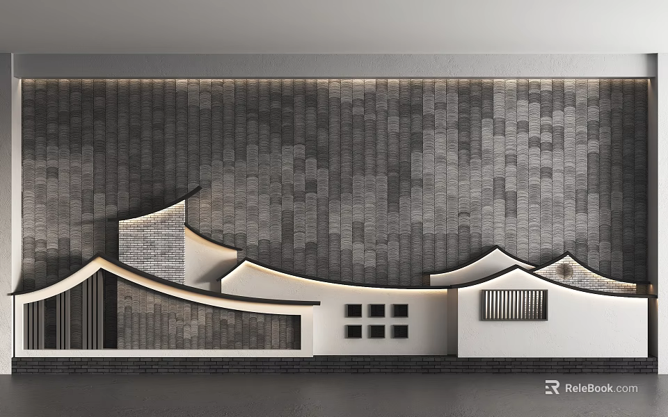 Modern Gray Tile Background Wall With Chinese Style White Decorative Structure And Grilles 3d model 