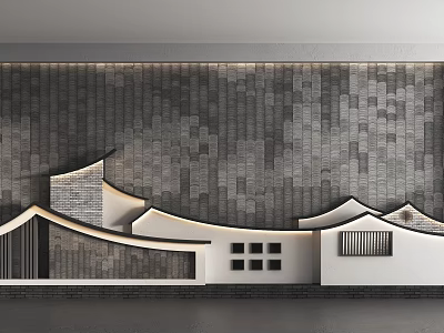 Modern Gray Tile Background Wall With Chinese Style White Decorative Structure And Grilles 3d model