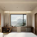Hotel Guest Room Minimalist Design Large Bed White Bedding Curved Walls And Mountain View Window