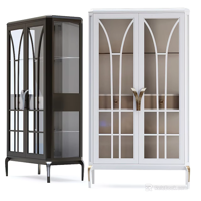 Modern Entryway Console Cabinet With Arched Glass Doors Dark And White Metal Handles Storage Design 3d model 
