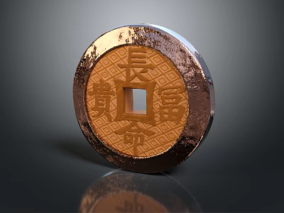 Copper Colored Circular Jewelry With Square Center Hole And Chinese Characters 3d model