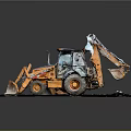 Orange Backhoe Loader Utility Vehicle With Front Bucket And Rear Excavator Arm