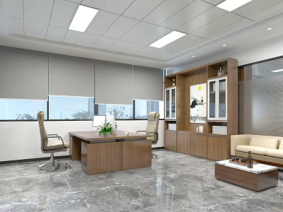 Modern Public Office Space With Wooden Desk Ergonomic Chairs Sofa Marble Floor And Green Plant 3d model