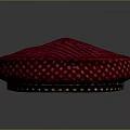 Red Round Hat With Striped Surface And Polka Dot Details Featuring Black Trim