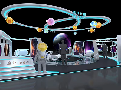 Futuristic Enterprise Exhibition Space With Technology Earth Astronaut Model And Planet Decorations 3d model