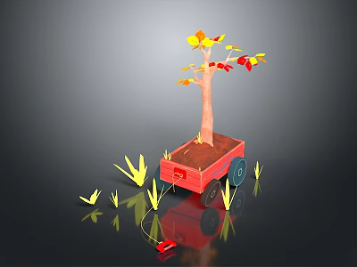 Tree with Yellow and Red Leaves in Red Cart Surrounded by Green Grass 3d model