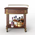 Elegant Wooden Side Table With Gold Metal Accents Drawers Wheels And Liquor Shelf