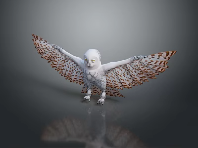 White Owl With Spread Wings And Brown Spots Standing On Reflective Gray Background 3d model
