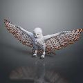White Owl With Spread Wings And Brown Spots Standing On Reflective Gray Background