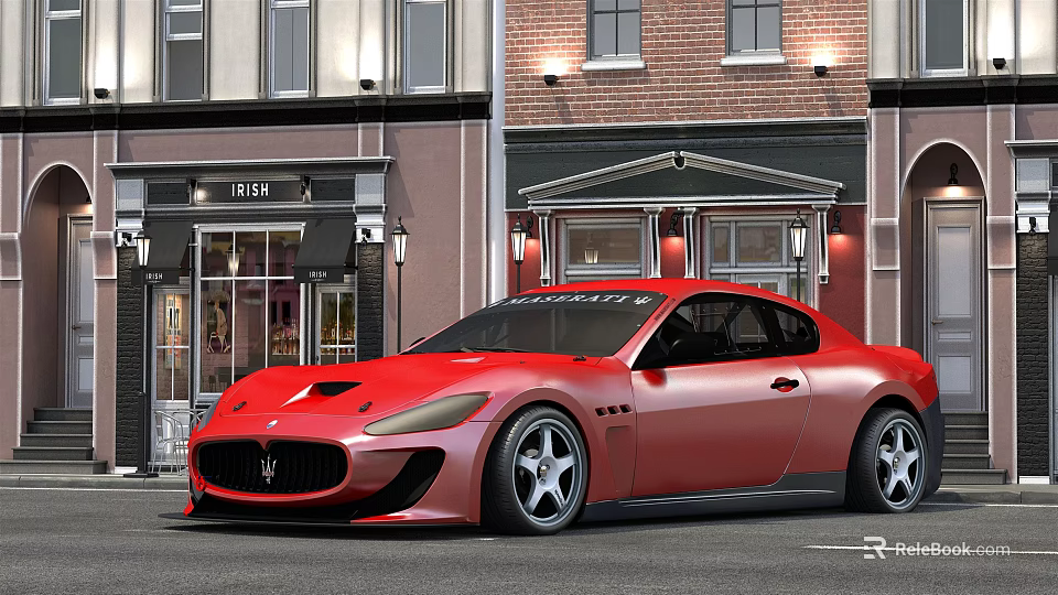 Red Maserati Sports Car Parked On City Street Near Pizza Shop Building 3d model 