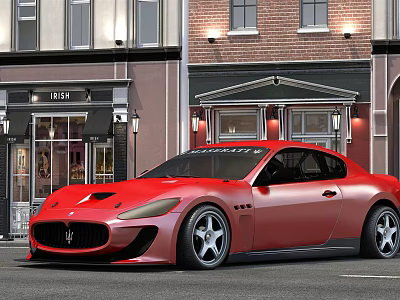 Red Maserati Sports Car Parked On City Street Near Pizza Shop Building 3d model