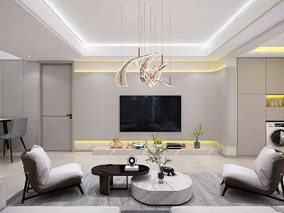 Modern Living and Dining Area Interior With Chandelier Sofas Coffee Tables And TV 3d model