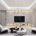 Modern Living and Dining Area Interior With Chandelier Sofas Coffee Tables And TV