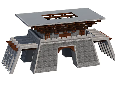 Traditional Chinese Paifang Archway with Stone Brick Structure Gray Roof and Wooden Dougong Brackets 3d model