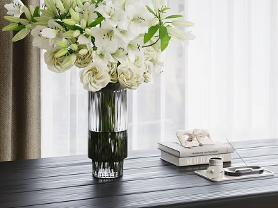 White Flowers In Transparent Glass Vase On Dark Wooden Table With Decorative Books And Tray 3d model