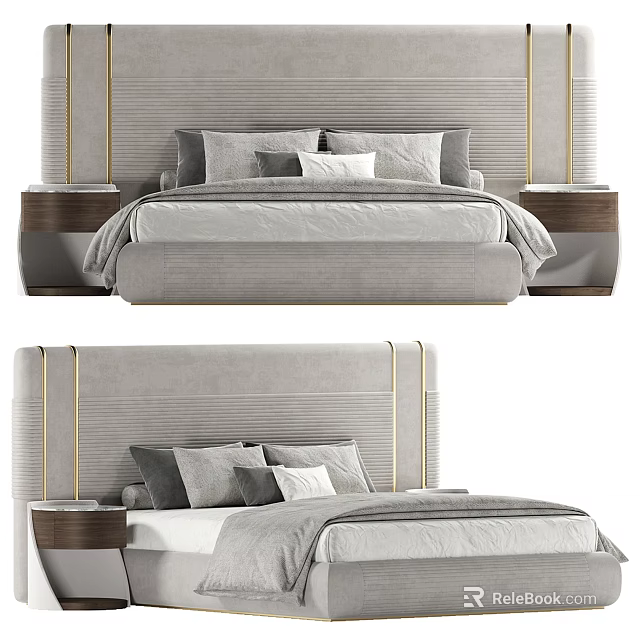 Elegant Double Bed Design With Grey Upholstery Gold Accents And Wooden Nightstands 3d model 
