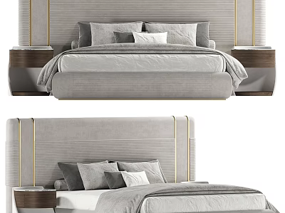 Elegant Double Bed Design With Grey Upholstery Gold Accents And Wooden Nightstands 3d model