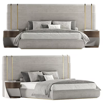 Elegant Double Bed Design With Grey Upholstery Gold Accents And Wooden Nightstands 3d model