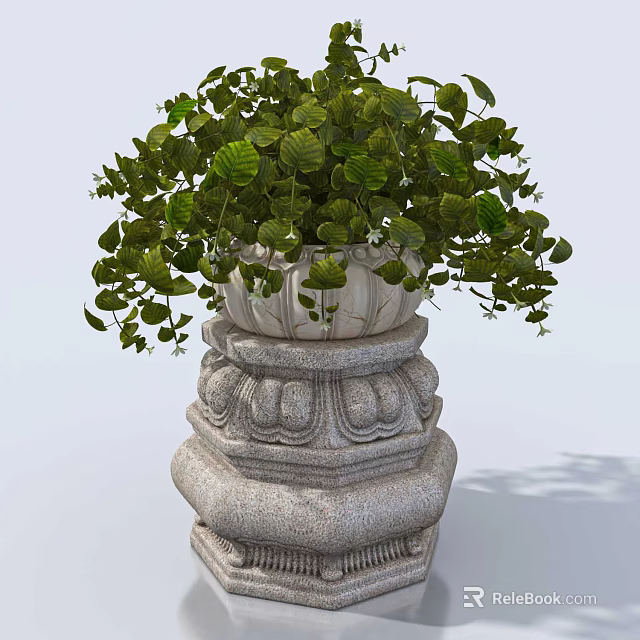 Public Facility Stone Pedestal Planter With Lush Green Foliage And Carved Design 3d model 