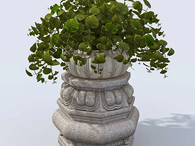 Public Facility Stone Pedestal Planter With Lush Green Foliage And Carved Design 3d model