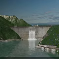 Massive Concrete Hydroelectric Dam Nestled In Lush Green Mountain Valley With Calm Clear Reservoir Water