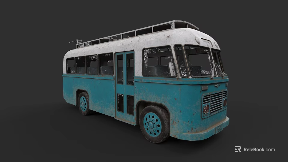 Vintage Blue and White Old Bus with Rusty Exterior and Roof Luggage Rack 3d model 