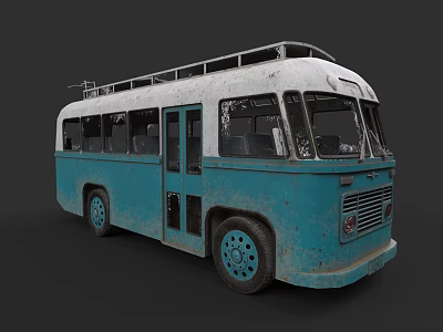 Vintage Blue and White Old Bus with Rusty Exterior and Roof Luggage Rack 3d model