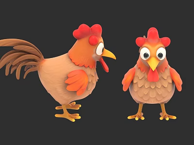 Cartoon Style Two Chickens With Red Combs Orange Beaks And Brown Bodies 3d model